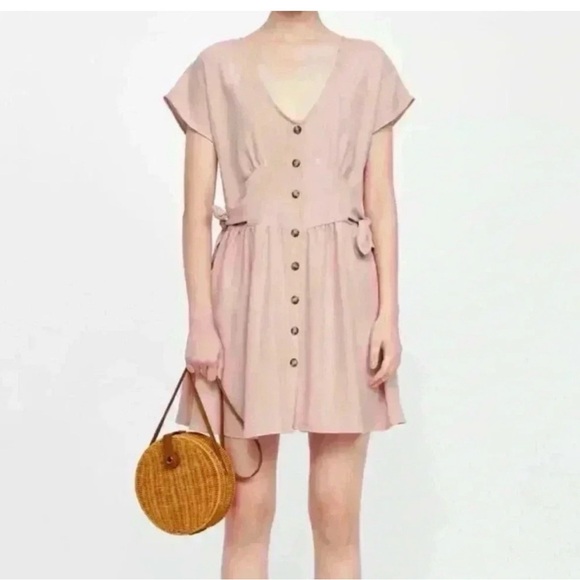 Zara Dresses & Skirts - Zara Denim Dress Button Down Dusty Pink Side Tie
Mini Dress Flirty